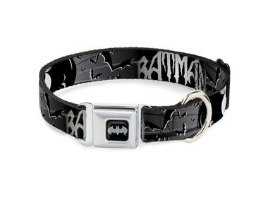 Buckle-Down Бэтмен надпись с летучими мышами ошейник для собак с металлической застежкой чёрный Размер L (38-66 см.)