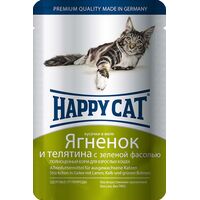 Happy Cat паучи для кошек нежные кусочки ягненок и телятина с фасолью в желе